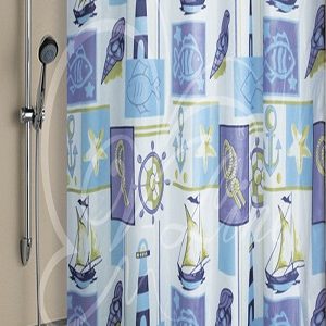 1406 — штора Вилина 180х180 полиэстер Корабли голубые для ванной комнаты