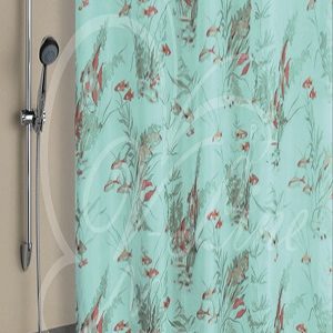 1436-1- штора Вилина 180х180 полиэстер Рыбки зеленая для ванной комнаты