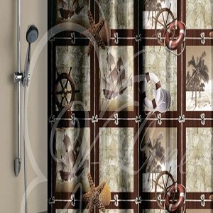 1561-1- штора Вилина 180х180 полиэстер Корабли коричневая для ванной комнаты
