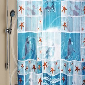 1565-1- штора Вилина 180х180 полиэстер Дельфины голубая для ванной комнаты